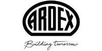 The logo for ardex is black and white and says building tomorrow.