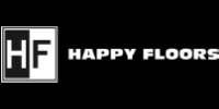 A black and white logo for happy floors on a black background.