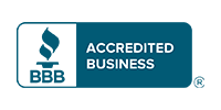 BBB Accredited Business logo in blue and white with torch icon and text