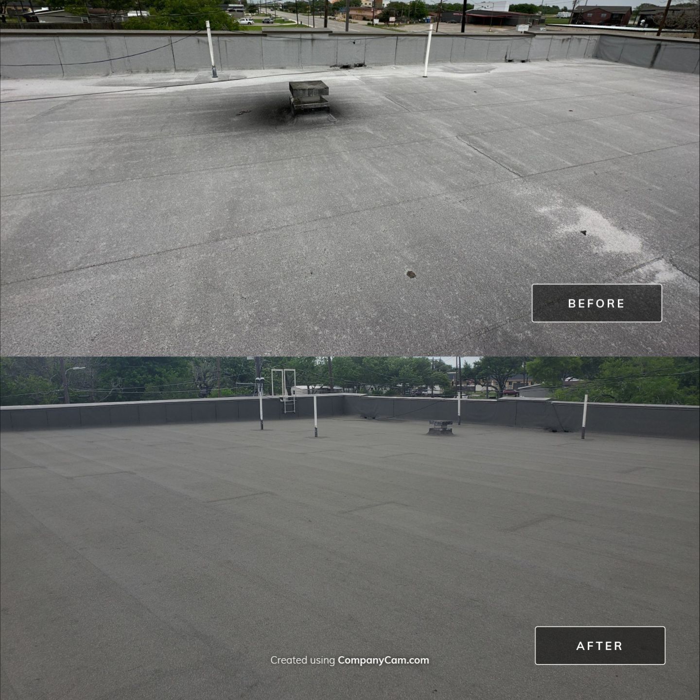 A before and after photo of a roof
