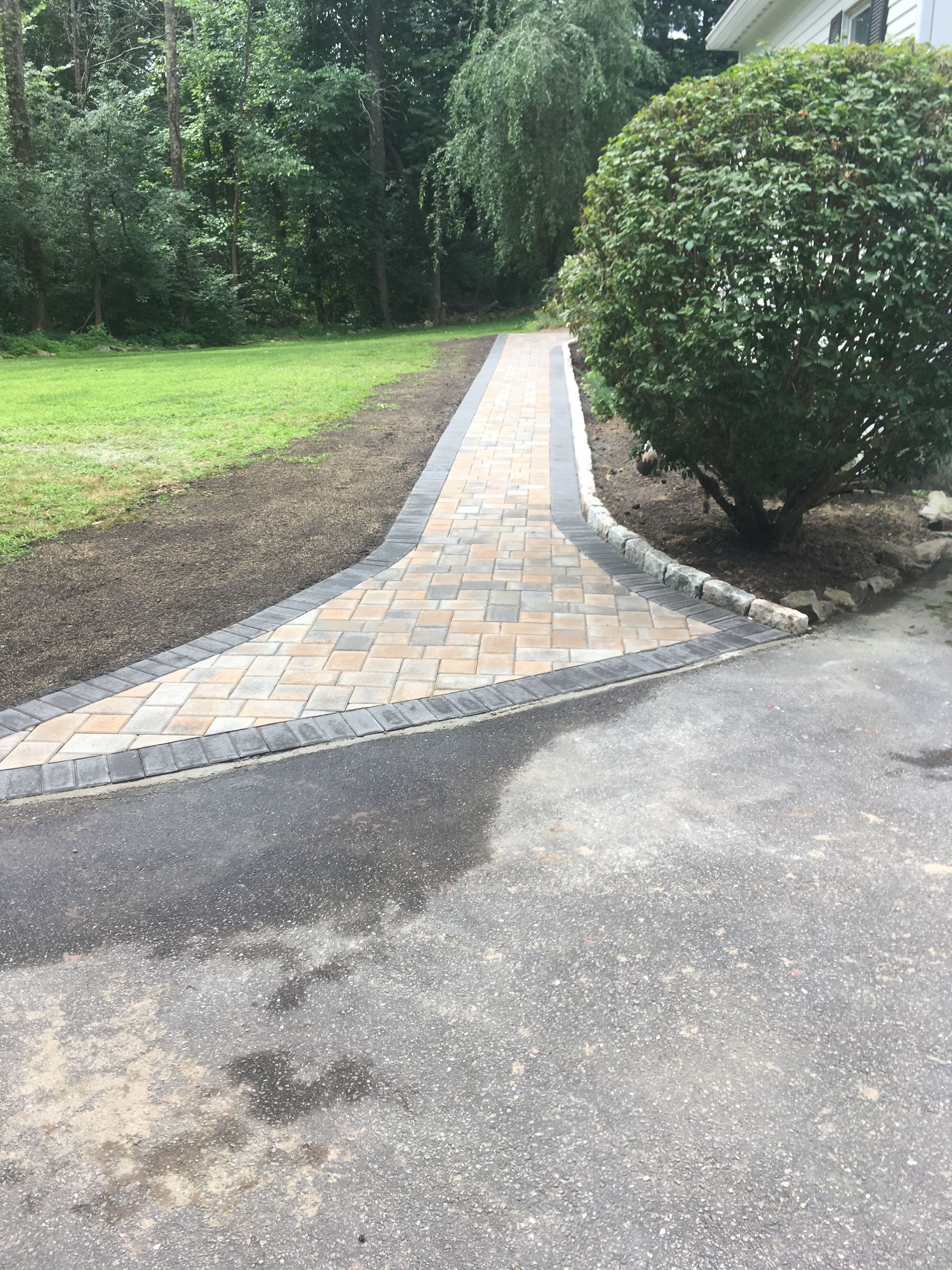 Brick walkway with dark border, leading from driveway to grassy area and trees.