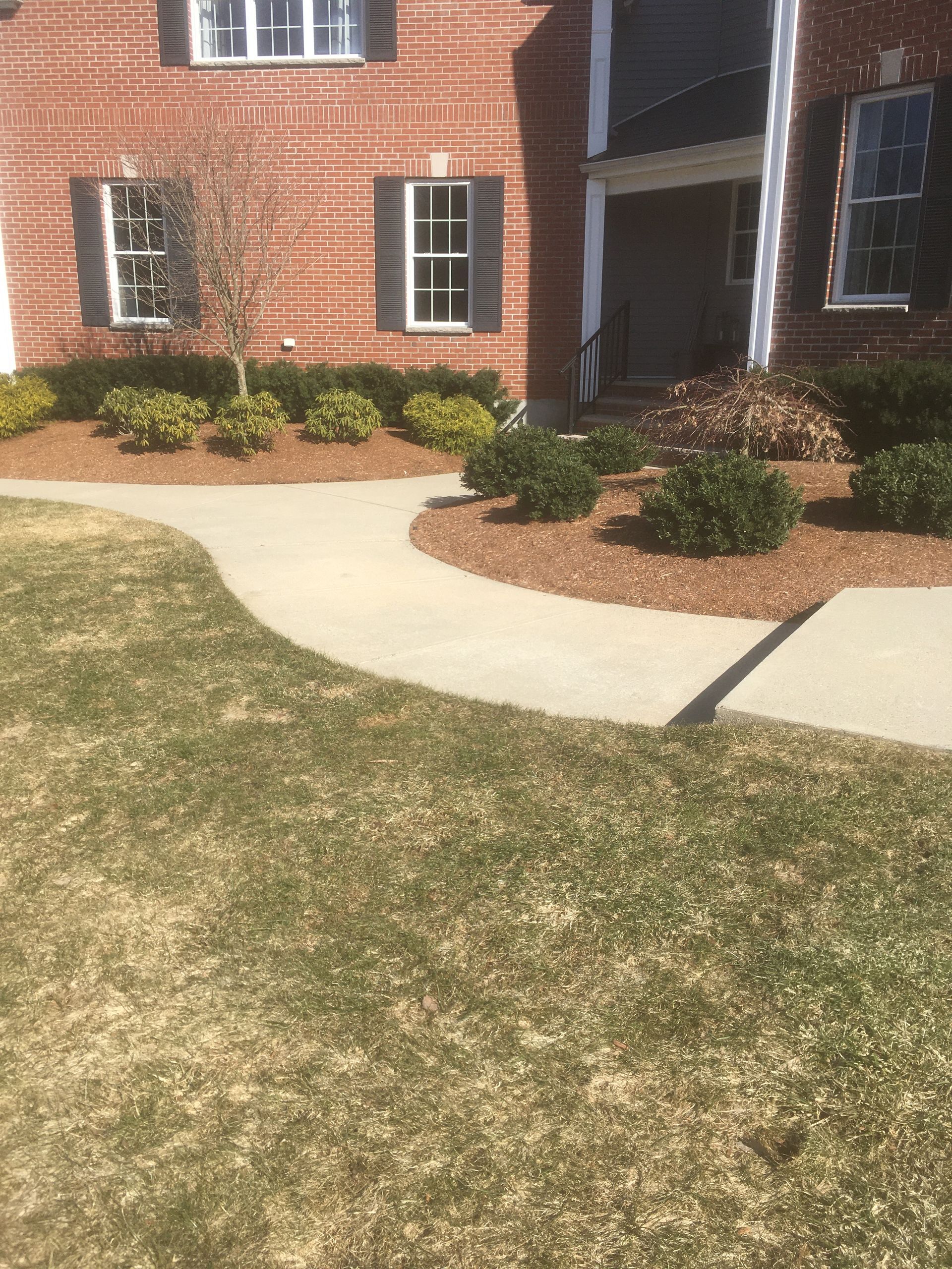 Brick building with a winding concrete path, shrubbery, and patchy grass.
