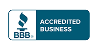 BBB Accredited Business badge, blue and white logo with torch icon and text.