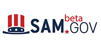 SAM.gov logo with red white stripes and blue stars, labeled “SAM beta GOV”