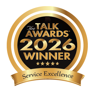 Gold The Talk Awards 2026 Winner seal with five stars and a ribbon banner reading Service Excellence.