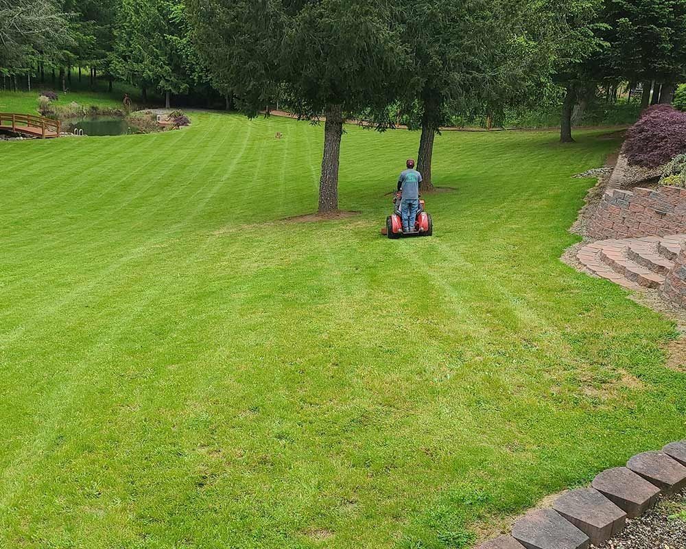 A person rides a red mower across a large, grassy yard with trees, a stone pathway, and a pond in the background.