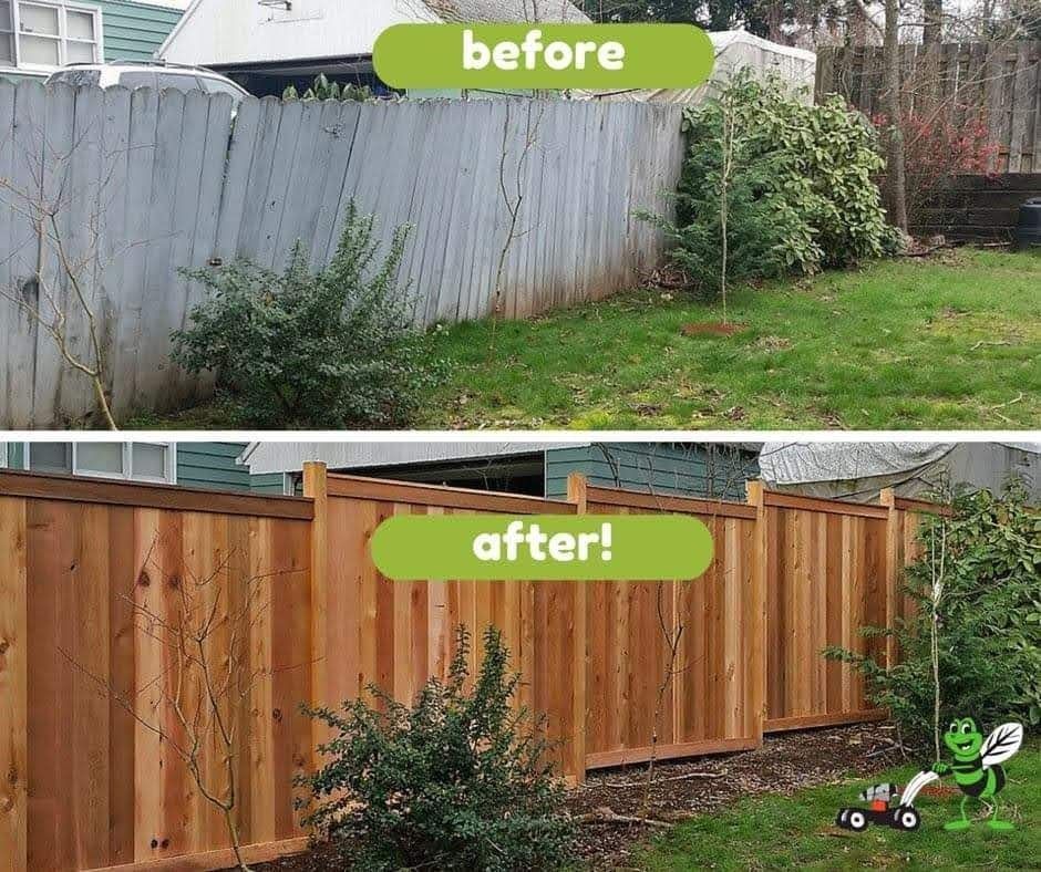 Before and after comparison showing a weathered, sagging wooden fence replaced by a new, sturdy cedar fence.