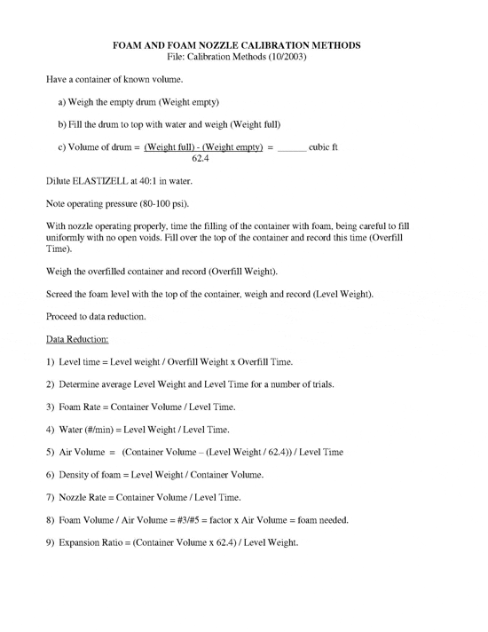 A document titled Foam and Foam Nozzle Calibration Methods detailing formulas and procedures for testing foam equipment.