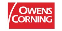 Owens Corning logo: white text on a red rectangular background with a white curved line.