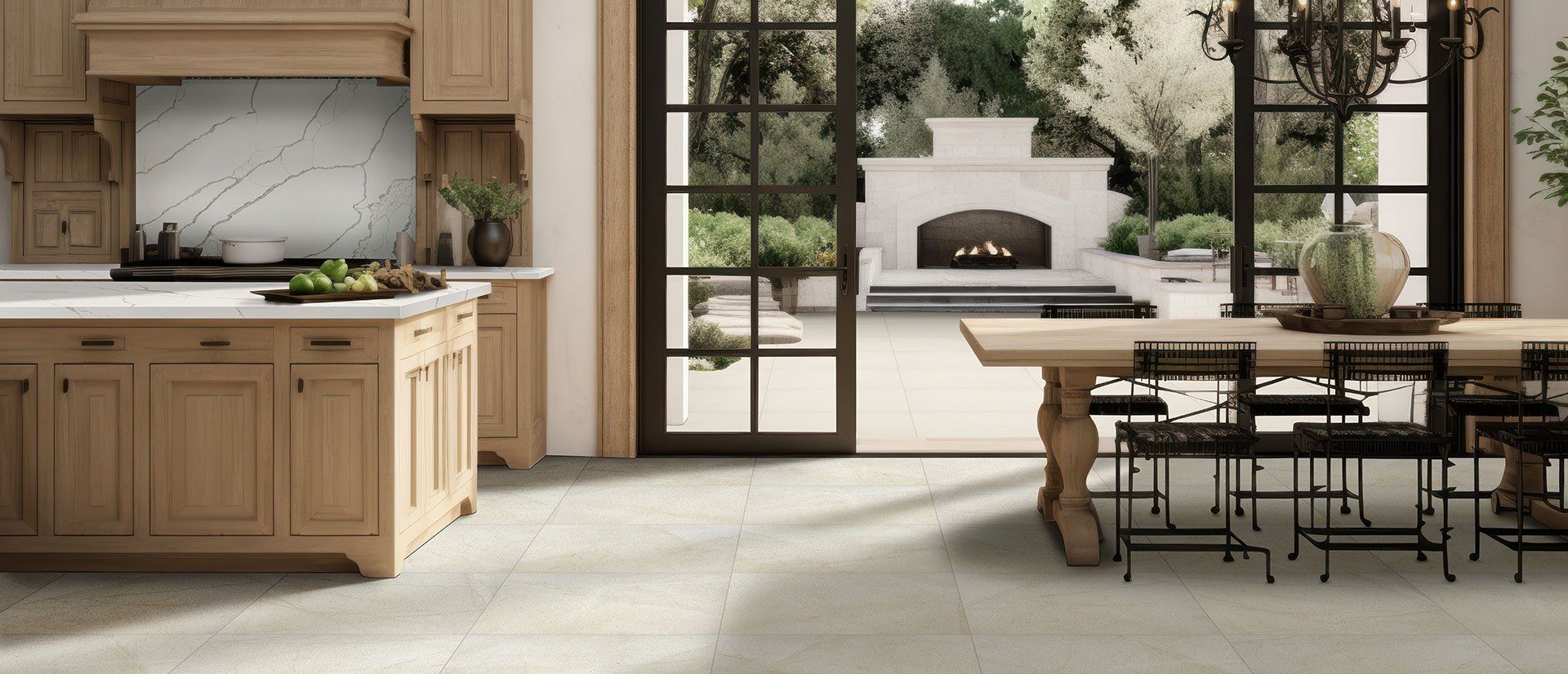 A kitchen and dining room with a table and chairs and a fireplace.