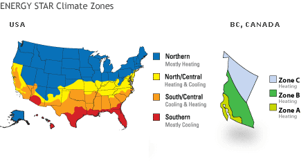 Energy Star climate zones maps for USA and Canada, color-coded by region.