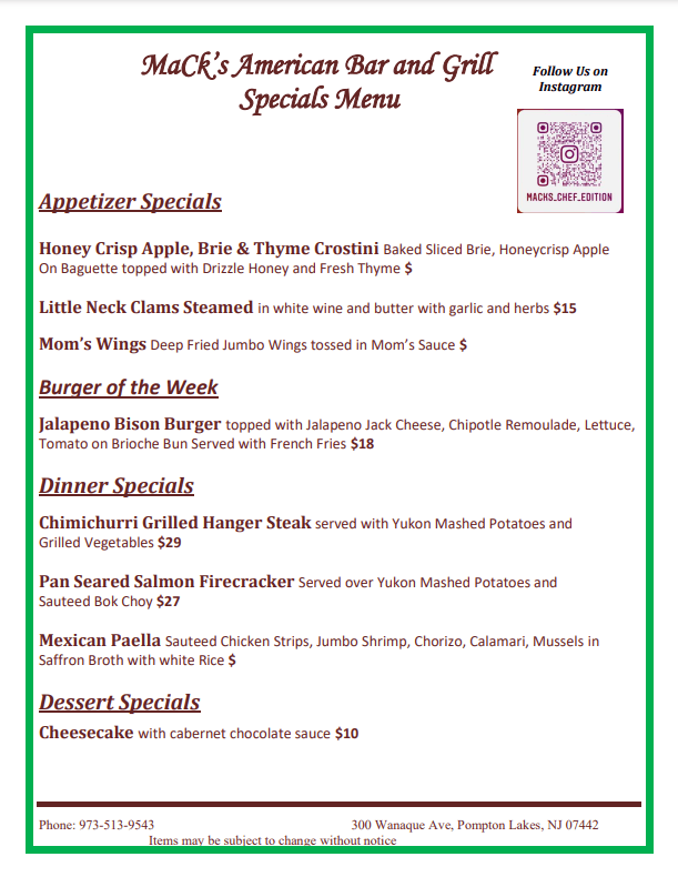 Mack's American Bar & Grill Specials Pompton Lakes, NJ