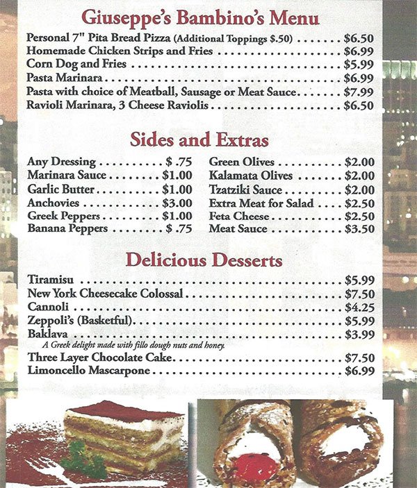 Giuseppe's NY Pizza Pasta Express Menu Desserts Appetizer Bunnell, FL