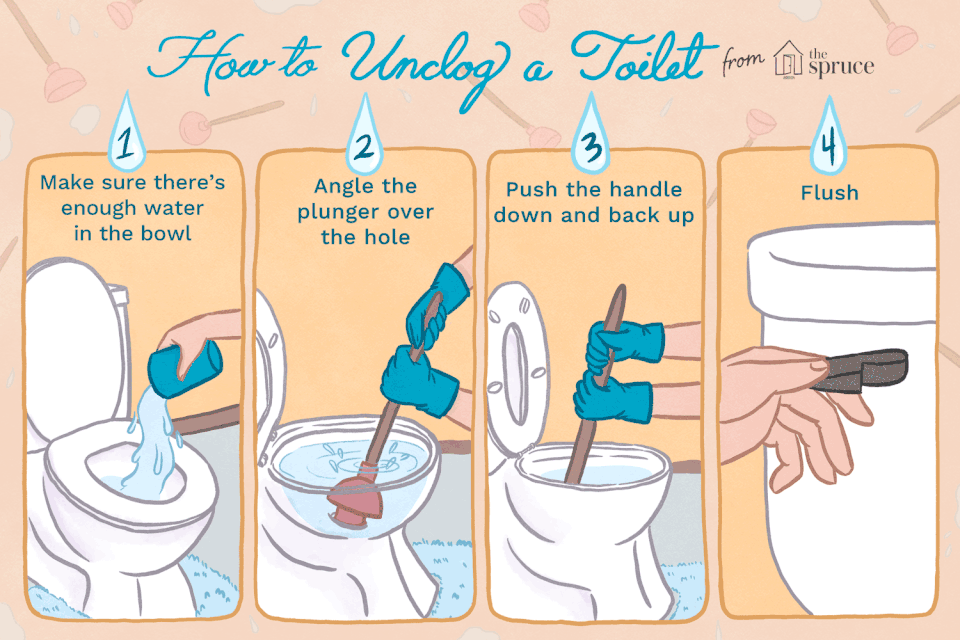 Infographic: How to unclog a toilet. Steps include: adding water, angling plunger, pushing plunger, and flushing.