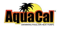 AquaCal logo with black stylized text and a palm tree silhouette against a yellow sun.