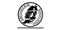 Grenada Bar Association logo: Grenada map silhouette, scales of justice, gavel, text 