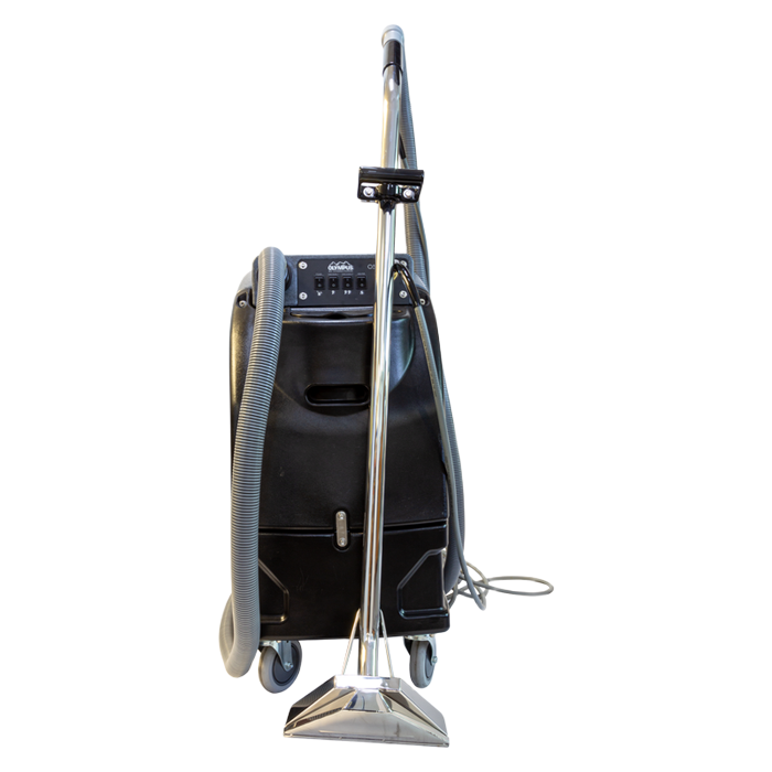 Black carpet cleaning machine with a silver wand and cleaning head.