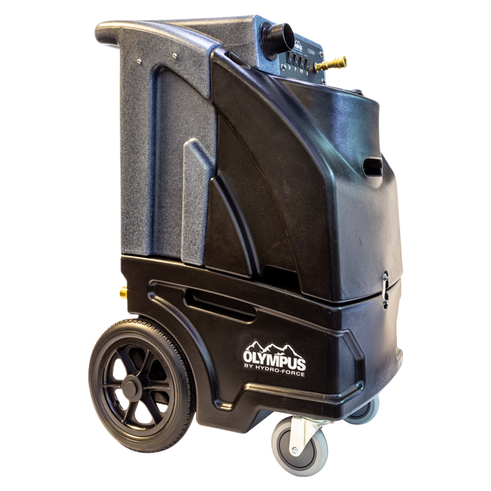 Black and gray Olympus carpet cleaning machine on wheels.
