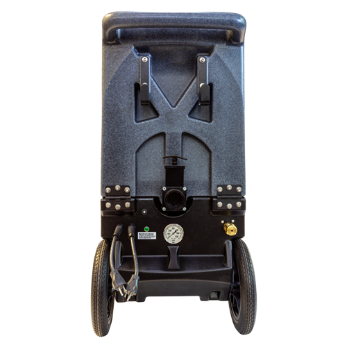 Back view of a black and gray commercial carpet cleaner with a handle, two wheels, and hoses.