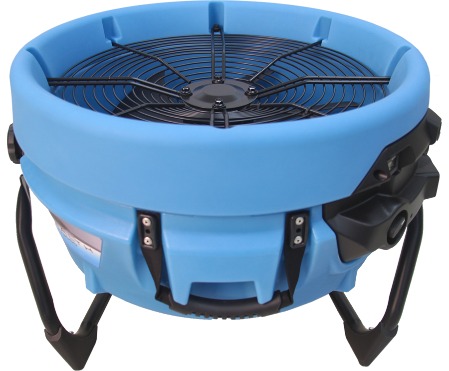 Blue and black industrial air mover fan, with a protective grill and integrated handle.