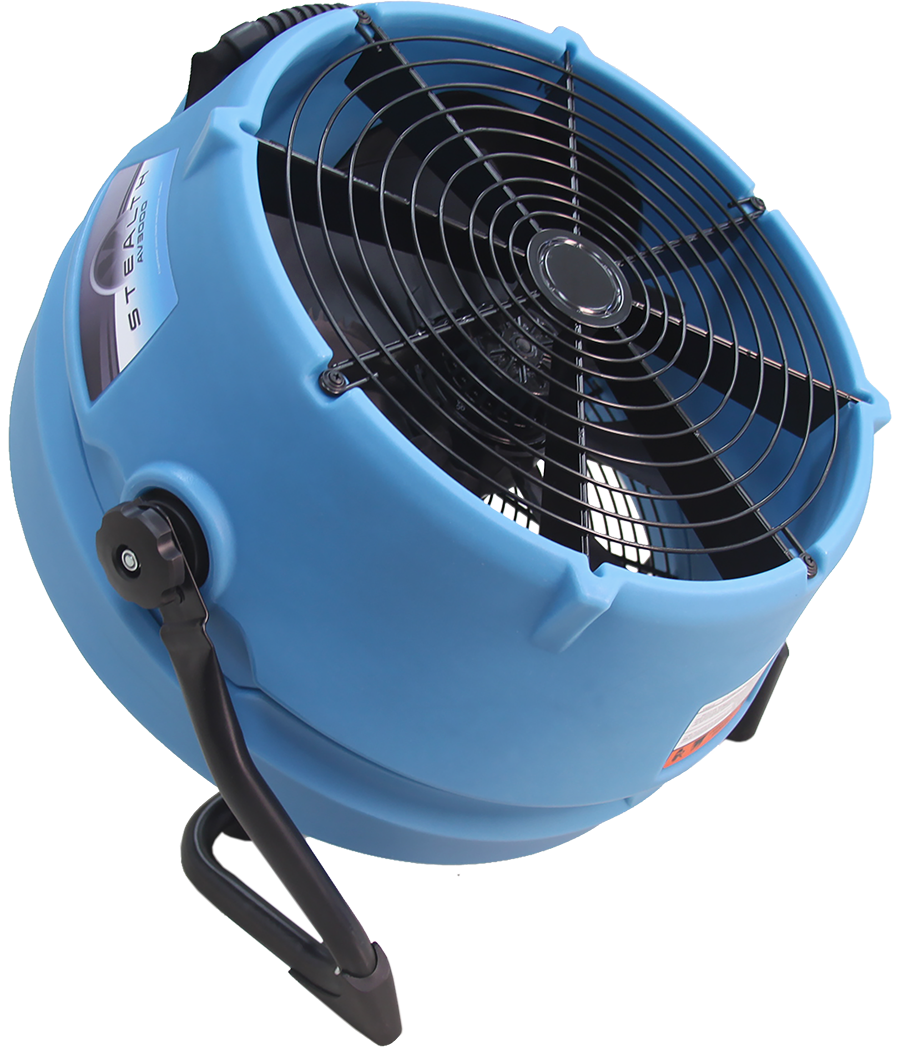 Blue, portable air circulator fan with black blades and stand.