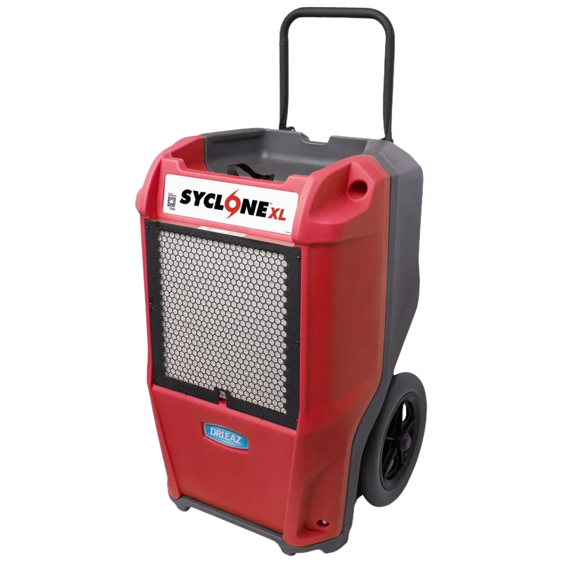 Red and gray Syclone XL dehumidifier on wheels with a handle.