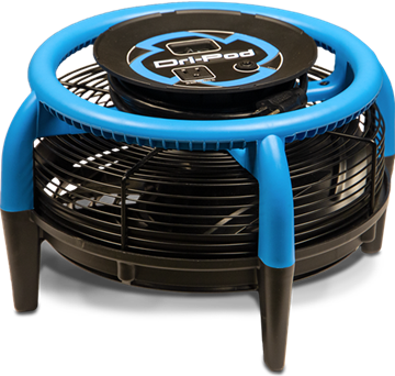 Blue and black Ori-Pad fan; circular cage and legs with a central power cord reel.