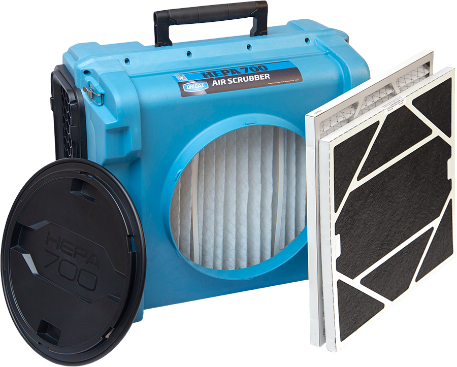 Blue air scrubber with opened circular access door, and three filters. Black handle.