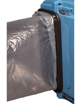 Blue machine with a black seal and attached clear plastic bag.