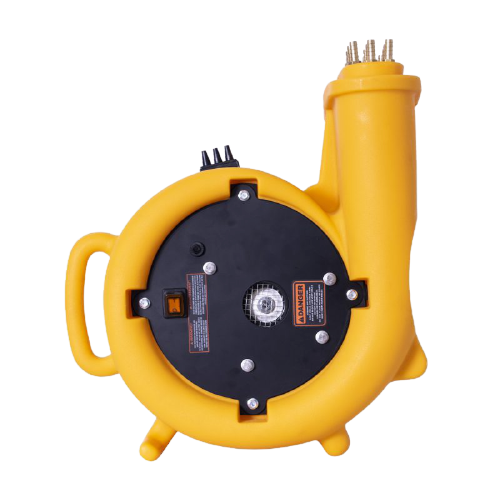 Yellow blower fan with handle and nozzles; black motor housing.