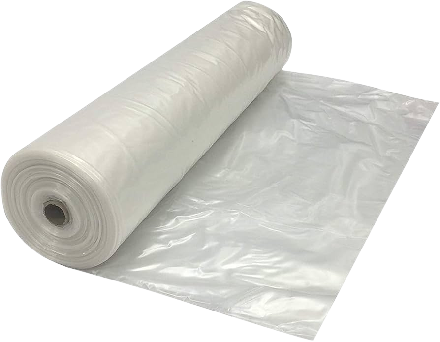 Roll of clear plastic sheeting unrolled on a surface.