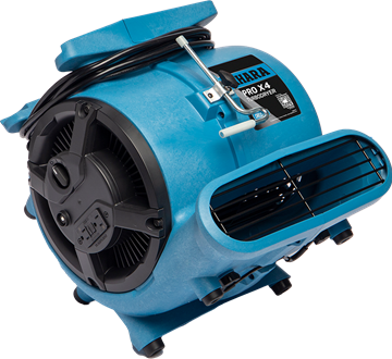 Blue Sahara air mover. A powerful blower for drying, with a focused air vent and carrying handle.