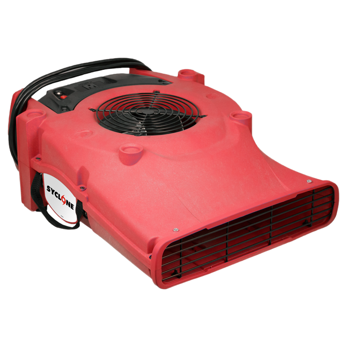 Red, industrial-style air mover; fan with black grill. Black handle on top, black power cord.