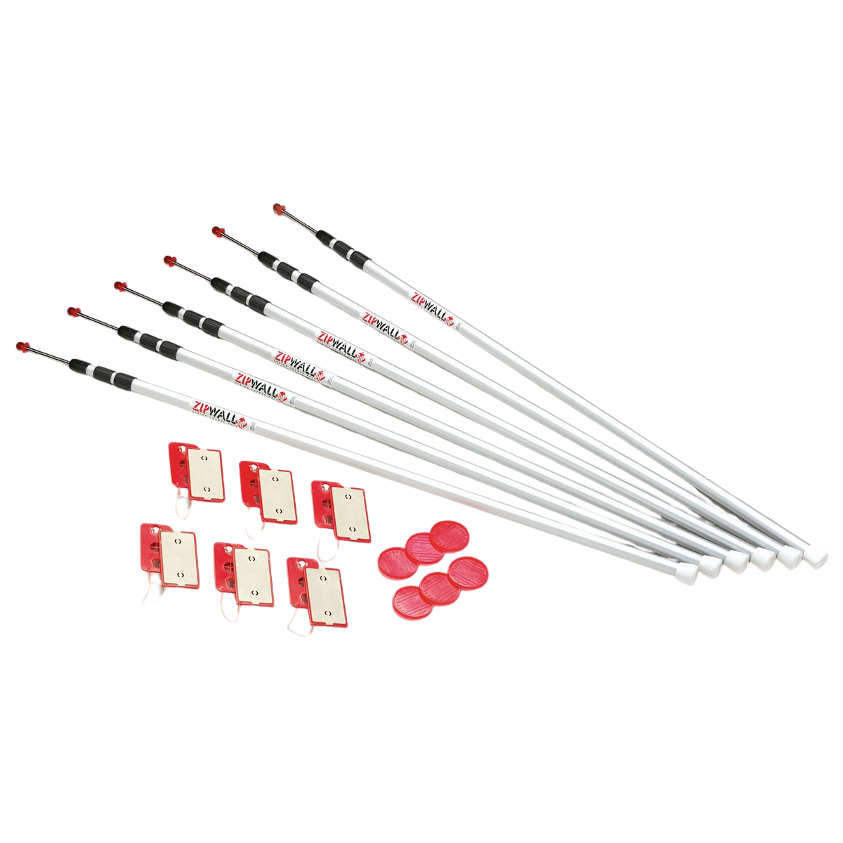 Six silver survey rods, eight red rectangular brackets, and six red discs are displayed.