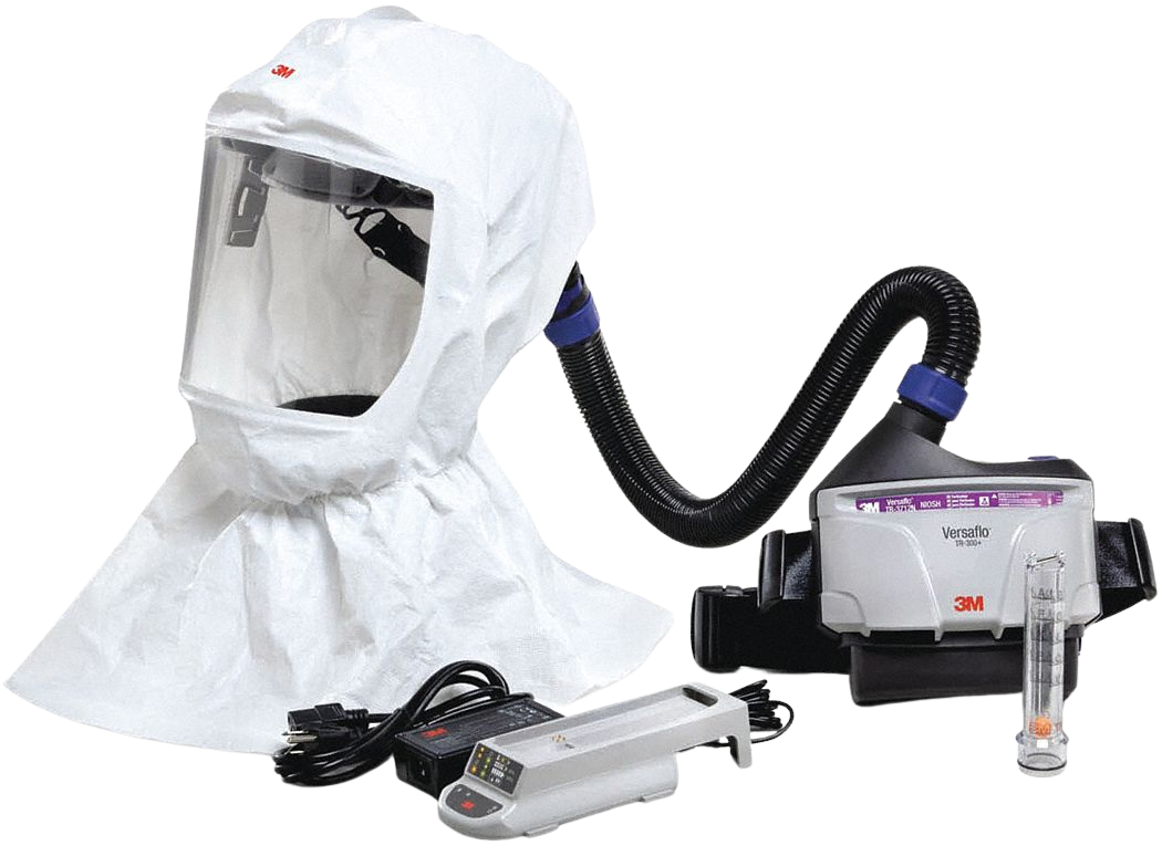 White powered air-purifying respirator (PAPR) with hood, filter unit, and charger.