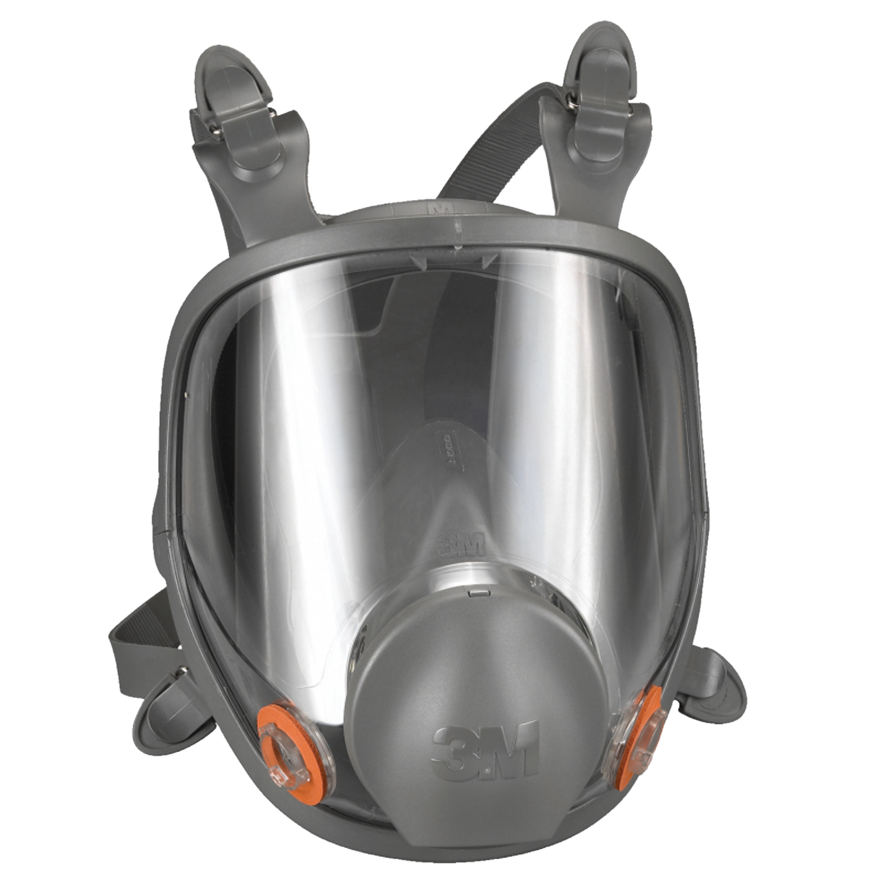 Gray full-face respirator mask with clear visor, straps, and filter port.