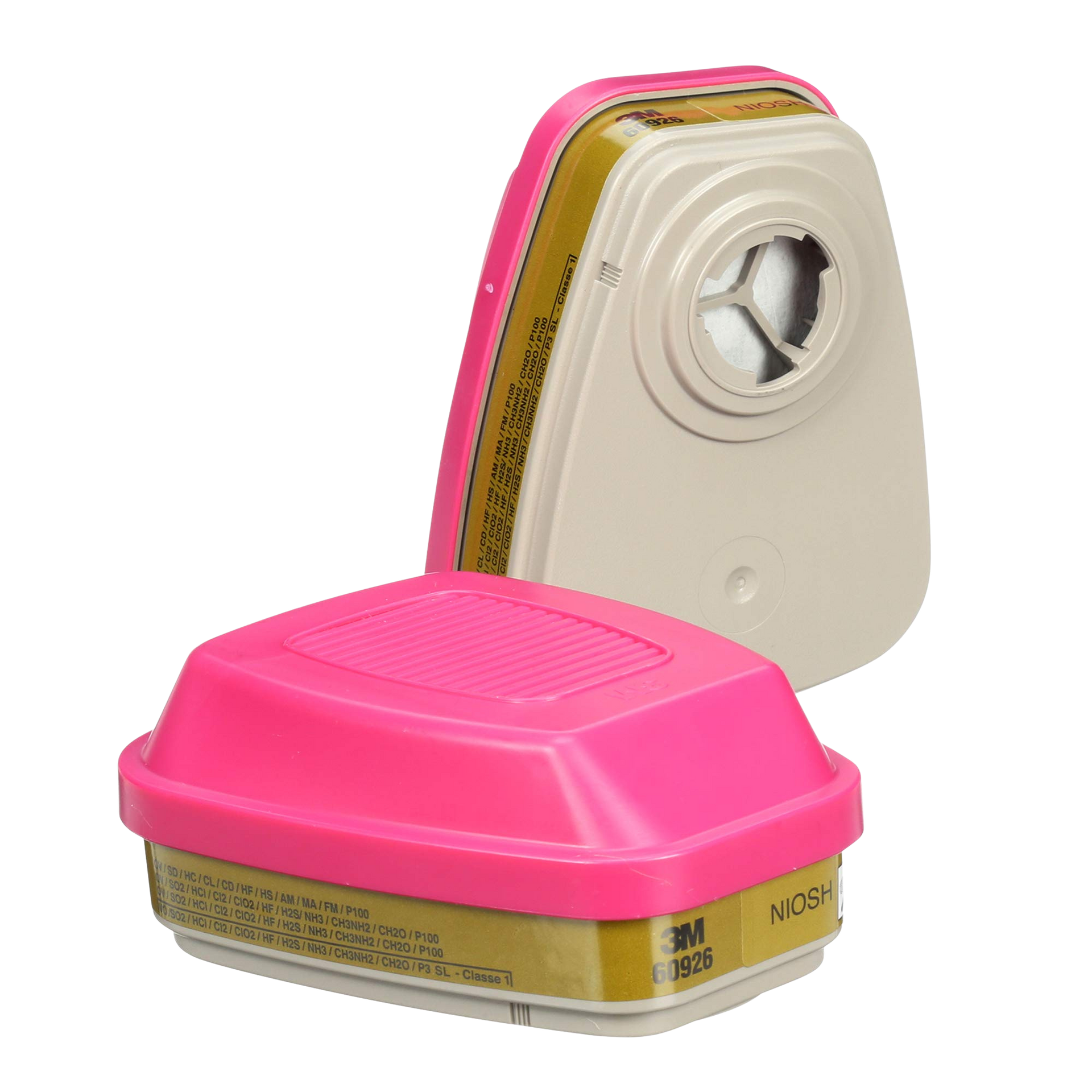 Pink and beige respirator cartridges, for protection from hazardous fumes.
