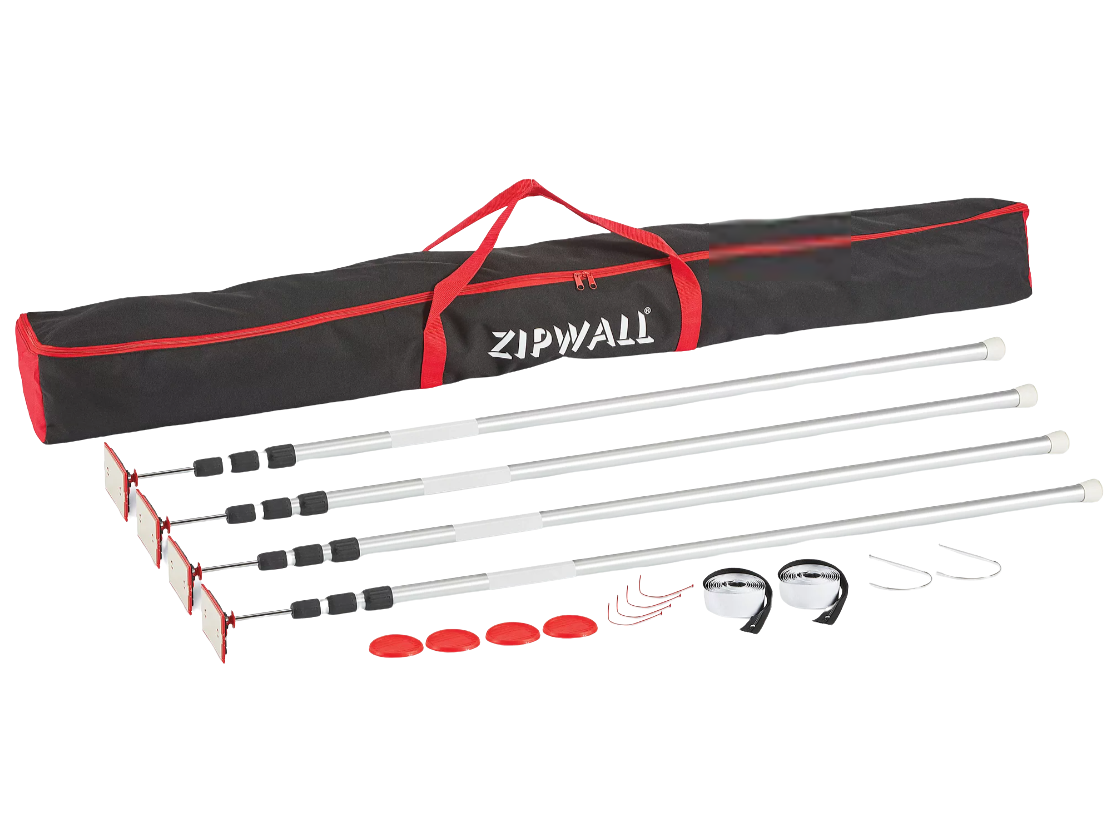 ZipWall dust barrier system kit with poles, attachments, and carry bag.