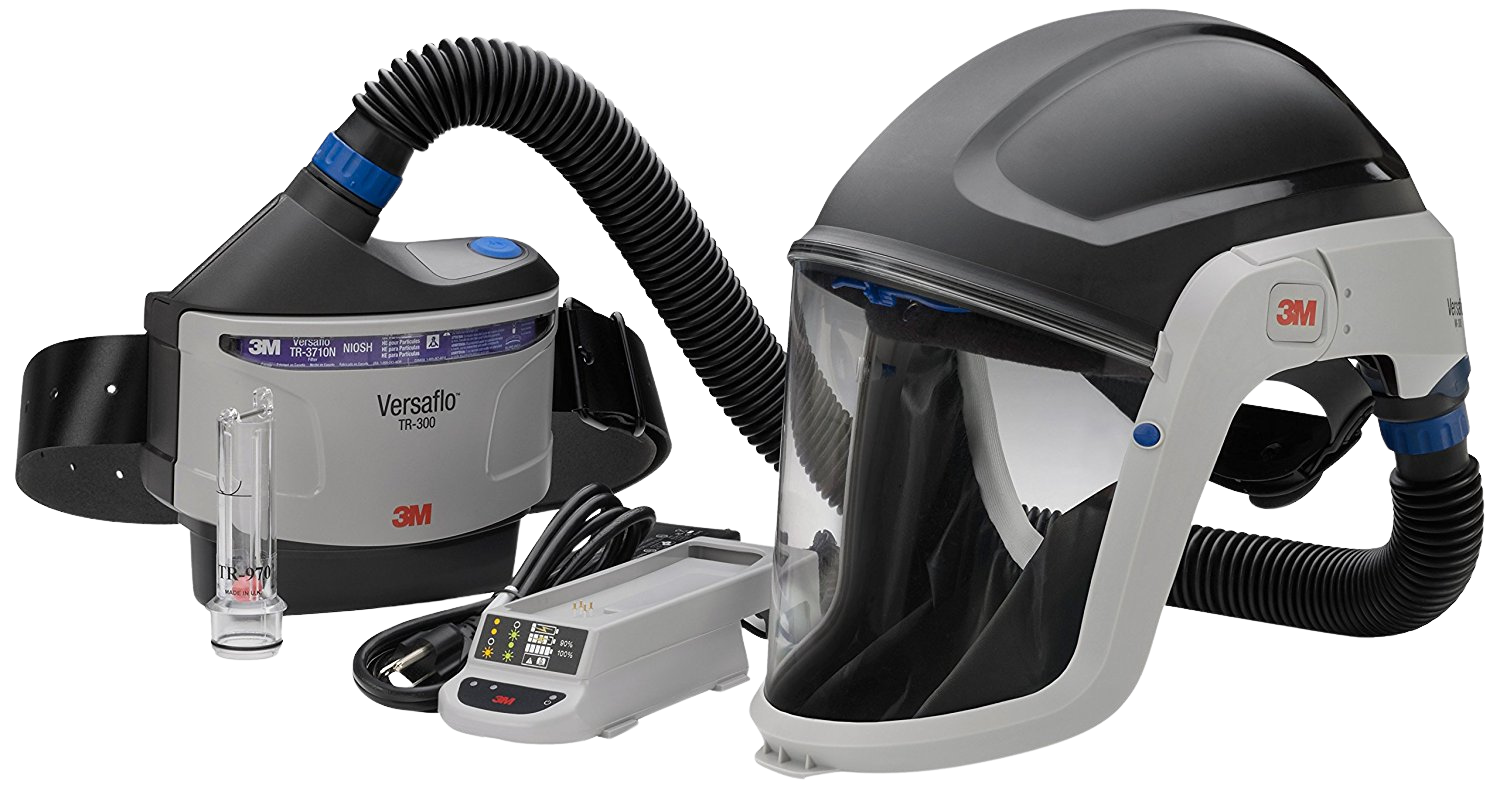 Powered air-purifying respirator (PAPR) system with a head-mounted helmet, a belt-worn blower unit, and a battery charger.
