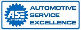 Blue ASE Certified Automotive Service Excellence logo with gear icon and bold text