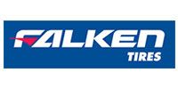 Falken Tires logo in white and red on a blue background