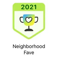 Neighborhood Favorite 2021 award from Nextdoor, with a gold trophy icon on a green circle.