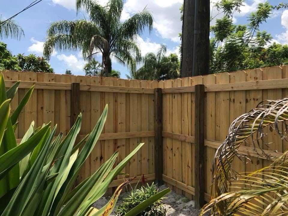 A wooden fence with palm trees in the background