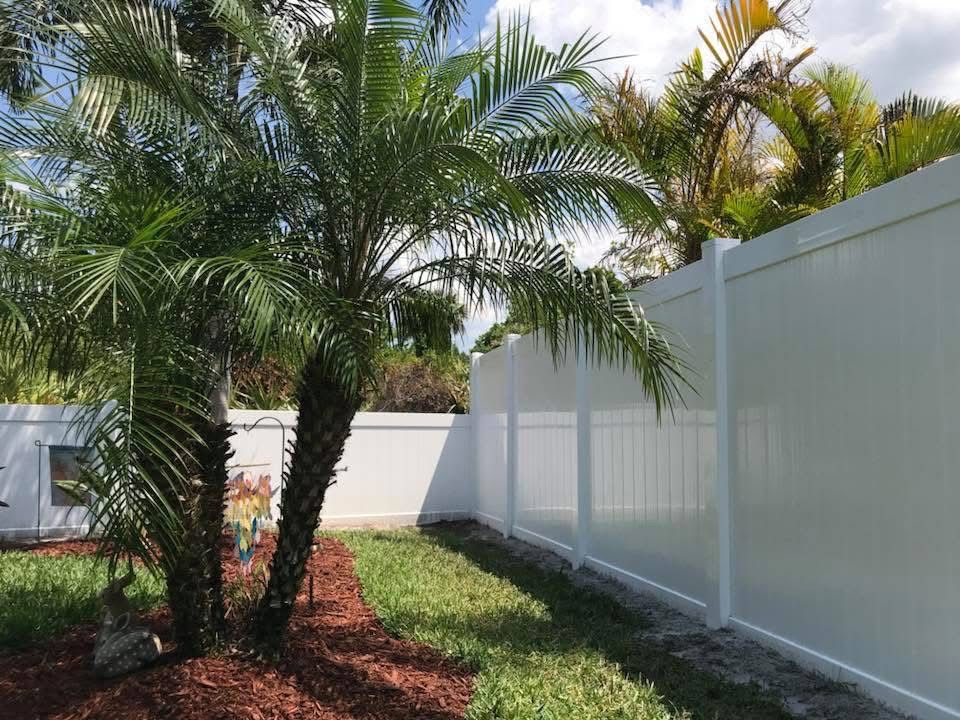 A white fence with palm trees in front of it.