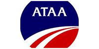 Logo of ATAA with white text on a blue circle, with red and white curving lines below.