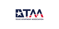 Logo of the Texas Apartment Association: blue and red letters