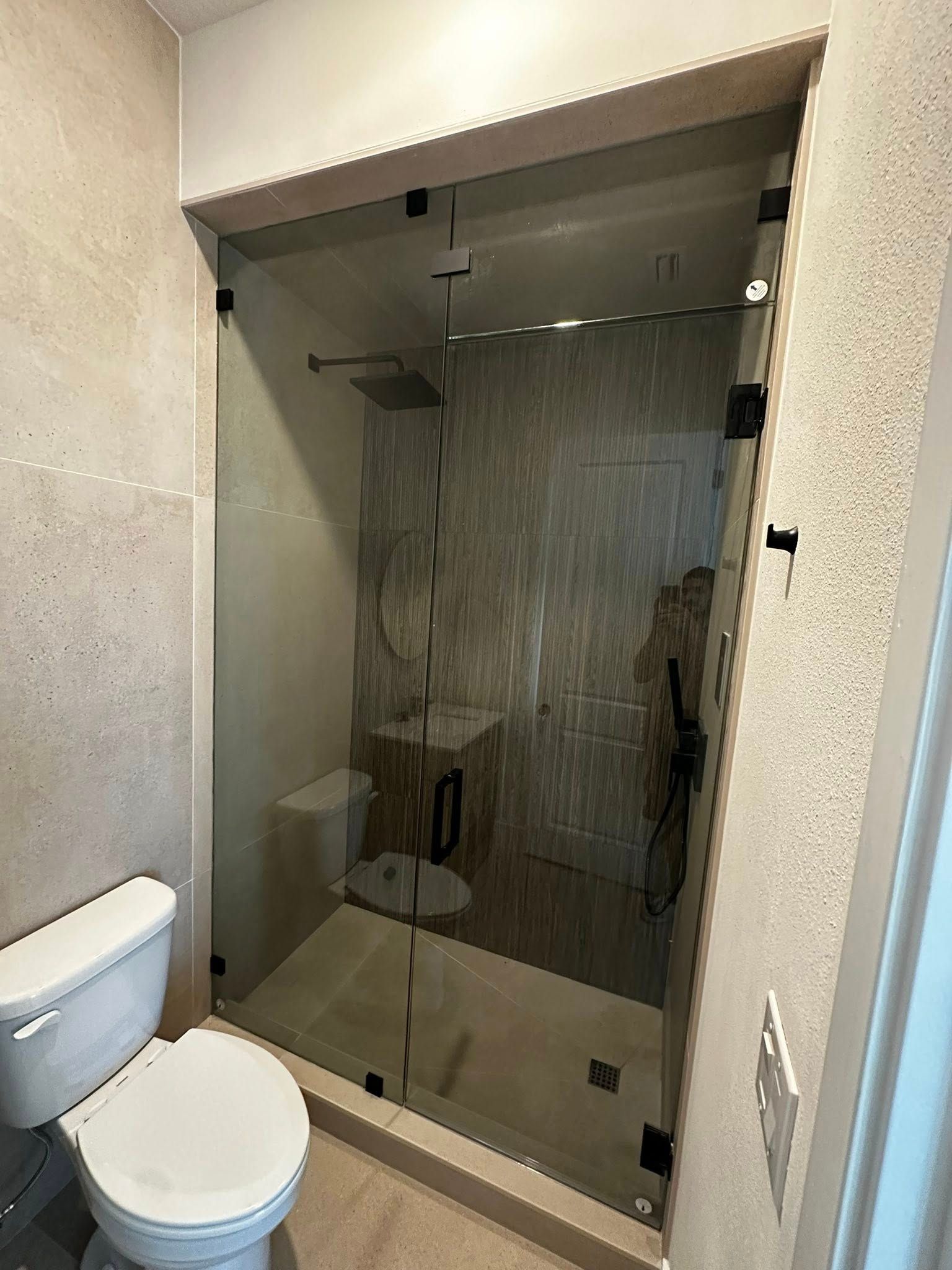Small bathroom with toilet and walk-in glass shower with a rain showerhead.