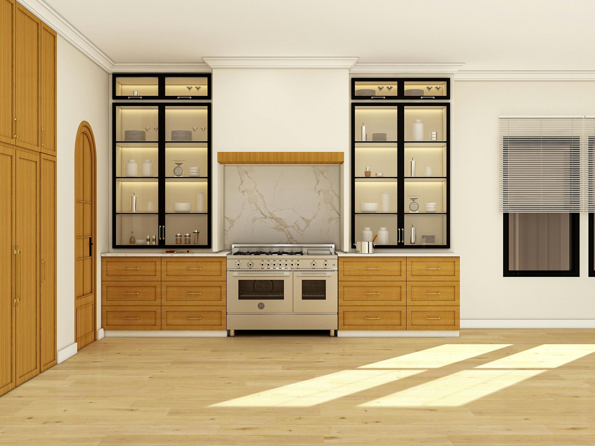 A kitchen featuring light wood cabinets, black-framed glass display cupboards, a stainless steel range, and marble backsplash.