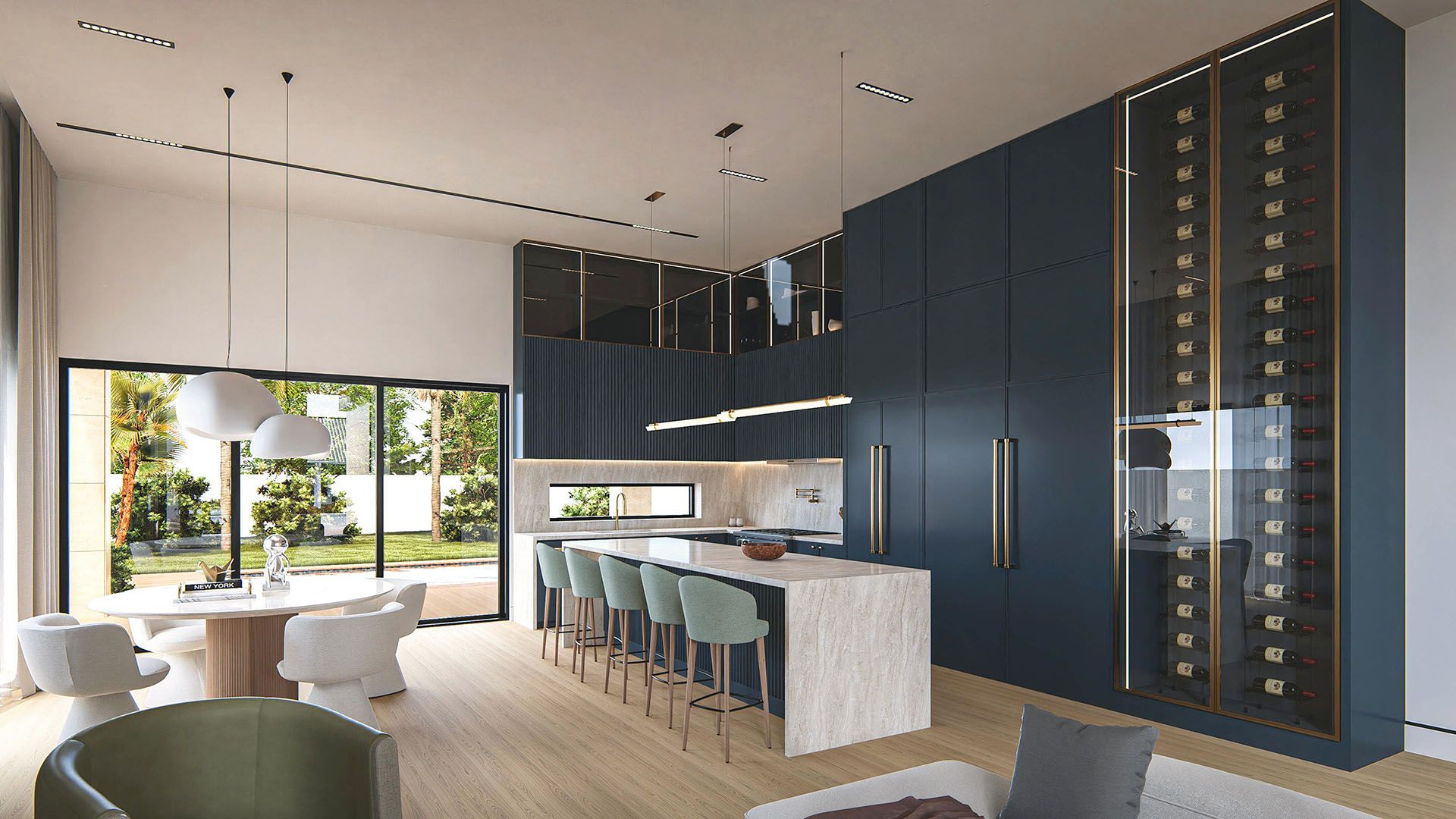 Modern kitchen and dining room with dark cabinetry, marble island, bar stools, and large windows