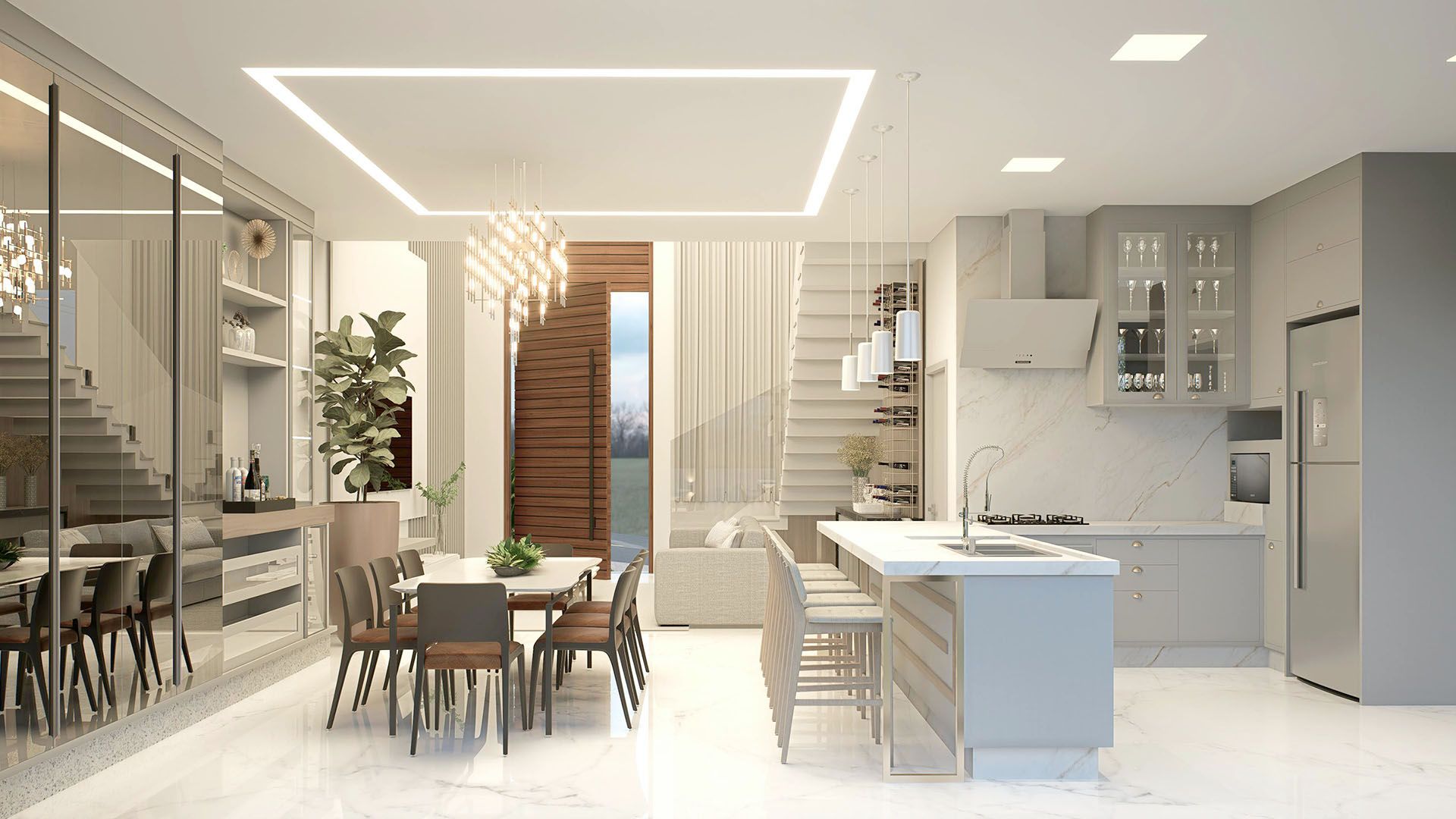 Bright modern dining and kitchen interior with white cabinets, island, stairs, and glass wall